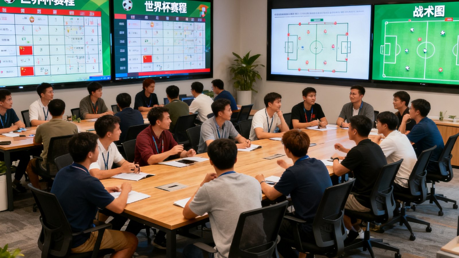 悟空体育编辑团队在开放式办公室内的合影，约三十位成员围坐在长桌旁热烈讨论，墙壁上挂着多块显示世界杯赛程和战术图的大屏幕，氛围专注而充满活力