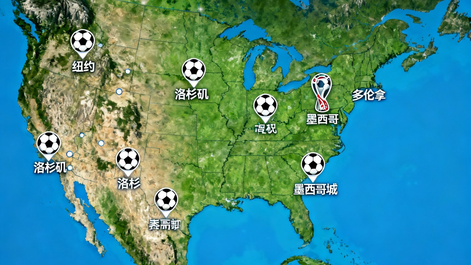 2026美加墨世界杯16座主办城市分布地图，涵盖纽约、洛杉矶、墨西哥城、多伦多等主要城市，地图上以足球图标标注每个举办城市的位置